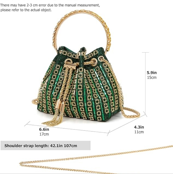 Green Diamante Bucket Handbag Rhinestone Clutch Purse Evening - Picture 3 of 3